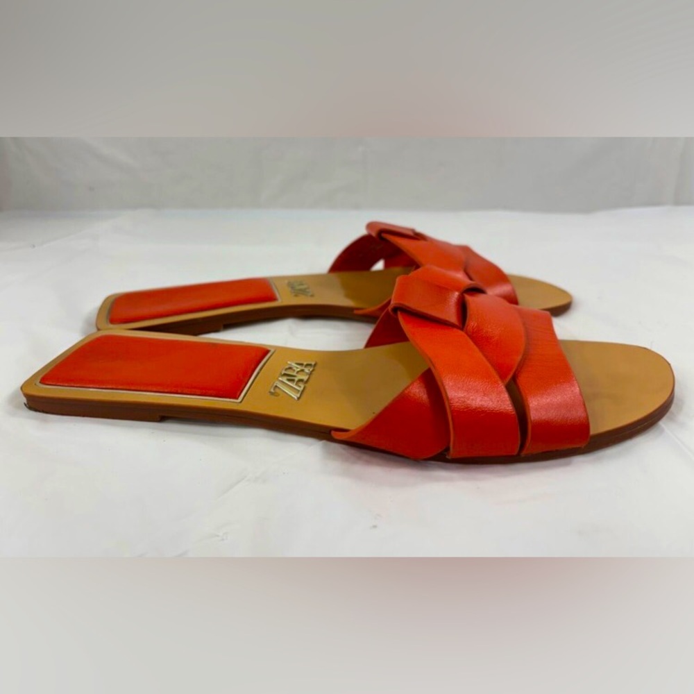 Zara Women’s Flat Criss Cross Leather Slider Sandals Open Toe  Slip On Sz 37